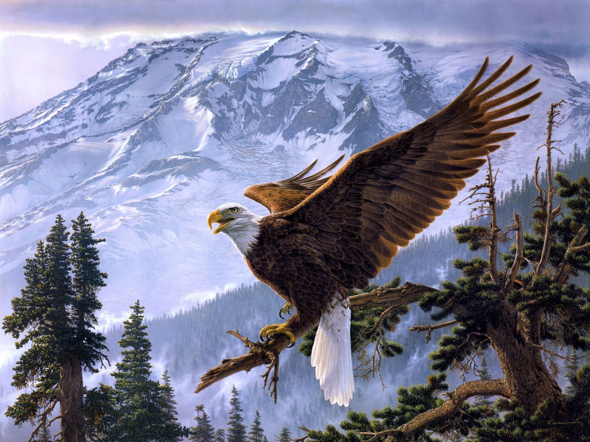 An artistic depiction of a bald eagle soaring above a mountain landscape, surrounded by evergreen trees, showcasing the majesty of nature. A stunning HD wallpaper for any desktop.