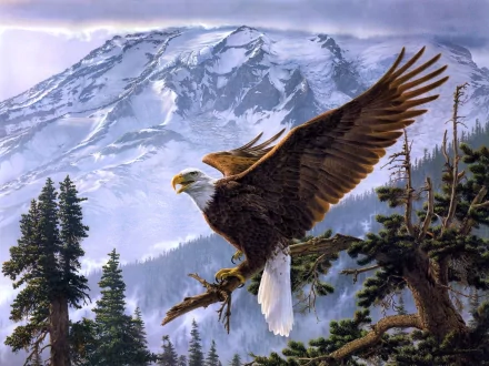 An artistic depiction of a bald eagle soaring above a mountain landscape, surrounded by evergreen trees, showcasing the majesty of nature. A stunning HD wallpaper for any desktop.