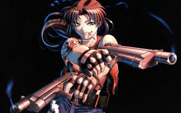 Anime, Black Lagoon — HD PC desktop wallpaper and background: Revy fires twin pistols with a fierce grin against a dark backdrop.