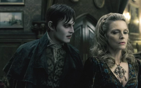 HD PC desktop wallpaper featuring a dark, gothic scene from the movie Dark Shadows with two intense characters in period costume.