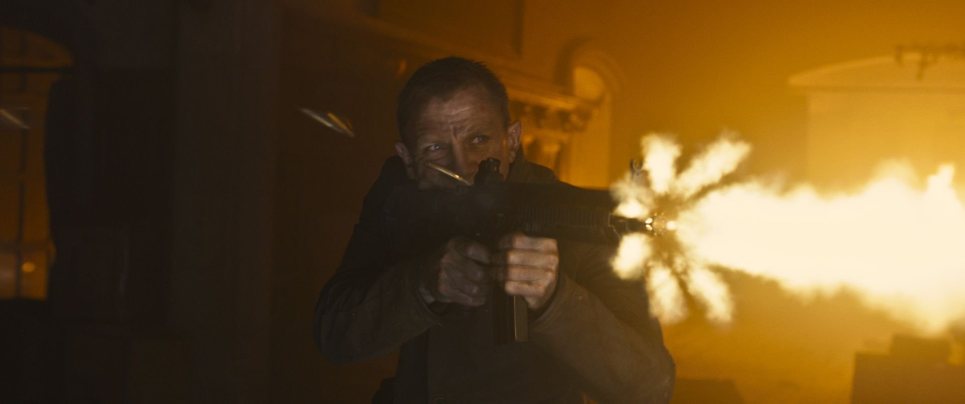 HD desktop wallpaper featuring Daniel Craig as James Bond firing a weapon in an intense action scene from the movie Skyfall.