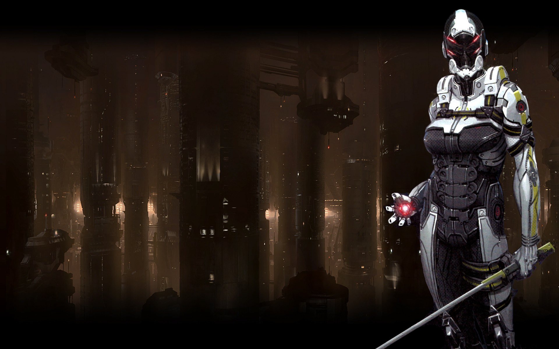HD PC desktop wallpaper from video game Mass Effect 3 — a futuristic armored soldier in white-and-black armor holding a glowing red device and blade before a dark cityscape.