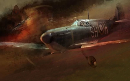 HD desktop wallpaper featuring a dramatic military scene with a Supermarine Spitfire fighter plane soaring through a smoky sky.
