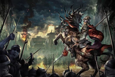 A fantasy warrior samurai on horseback leads a charge against a backdrop of a burning castle, capturing the intensity of battle and the epic scale of war.