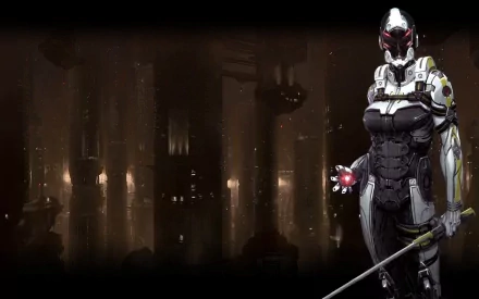 HD PC desktop wallpaper from video game Mass Effect 3 — a futuristic armored soldier in white-and-black armor holding a glowing red device and blade before a dark cityscape.