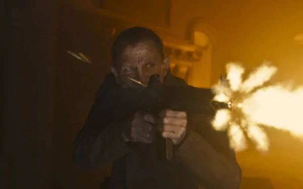 HD desktop wallpaper featuring Daniel Craig as James Bond firing a weapon in an intense action scene from the movie Skyfall.