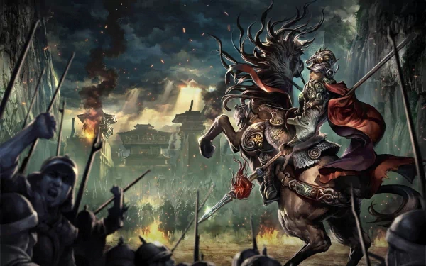A fantasy warrior samurai on horseback leads a charge against a backdrop of a burning castle, capturing the intensity of battle and the epic scale of war.
