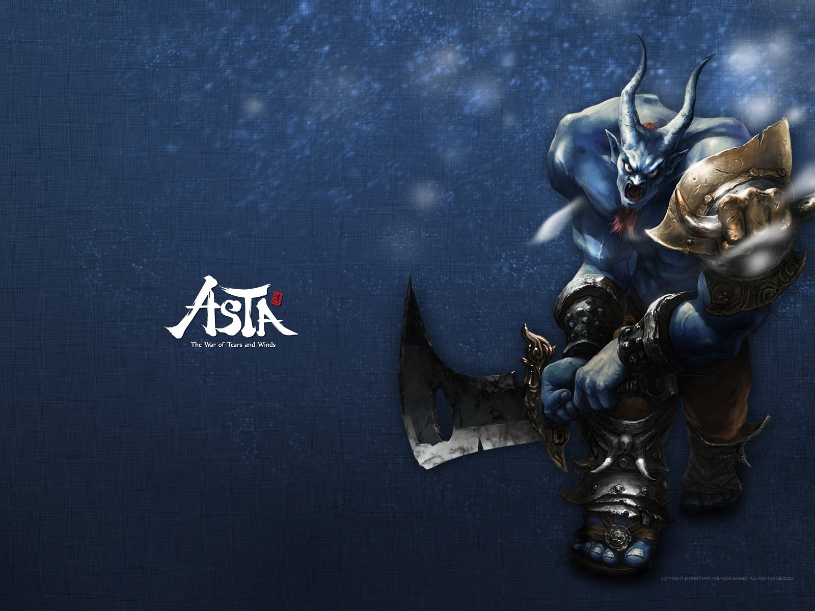 HD PC desktop wallpaper/background for the video game Asta: a blue, horned demon warrior in armor clutching a massive cleaver-like blade against a starry navy backdrop.