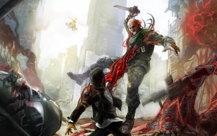 HD PC desktop wallpaper from the video game Prototype 2 depicting an intense urban battle scene with two characters in dynamic combat.