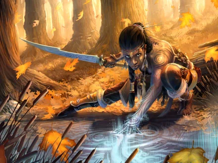 A dynamic HD fantasy wallpaper featuring a fierce woman warrior crouched in a forest, with a sword in hand and magical light emanating from her fingertips, surrounded by autumn leaves.