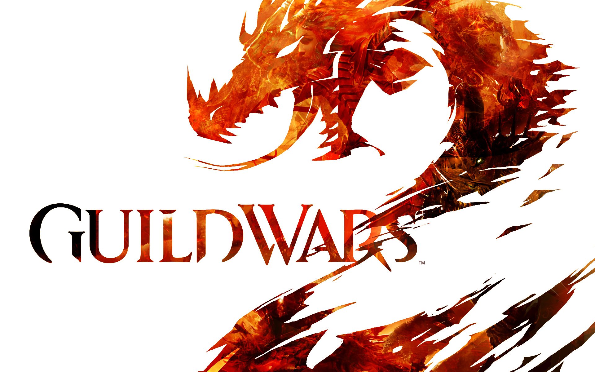 Guild Wars 2 logo featuring a fiery dragon design, showcased as an HD PC desktop wallpaper and background for the video game.