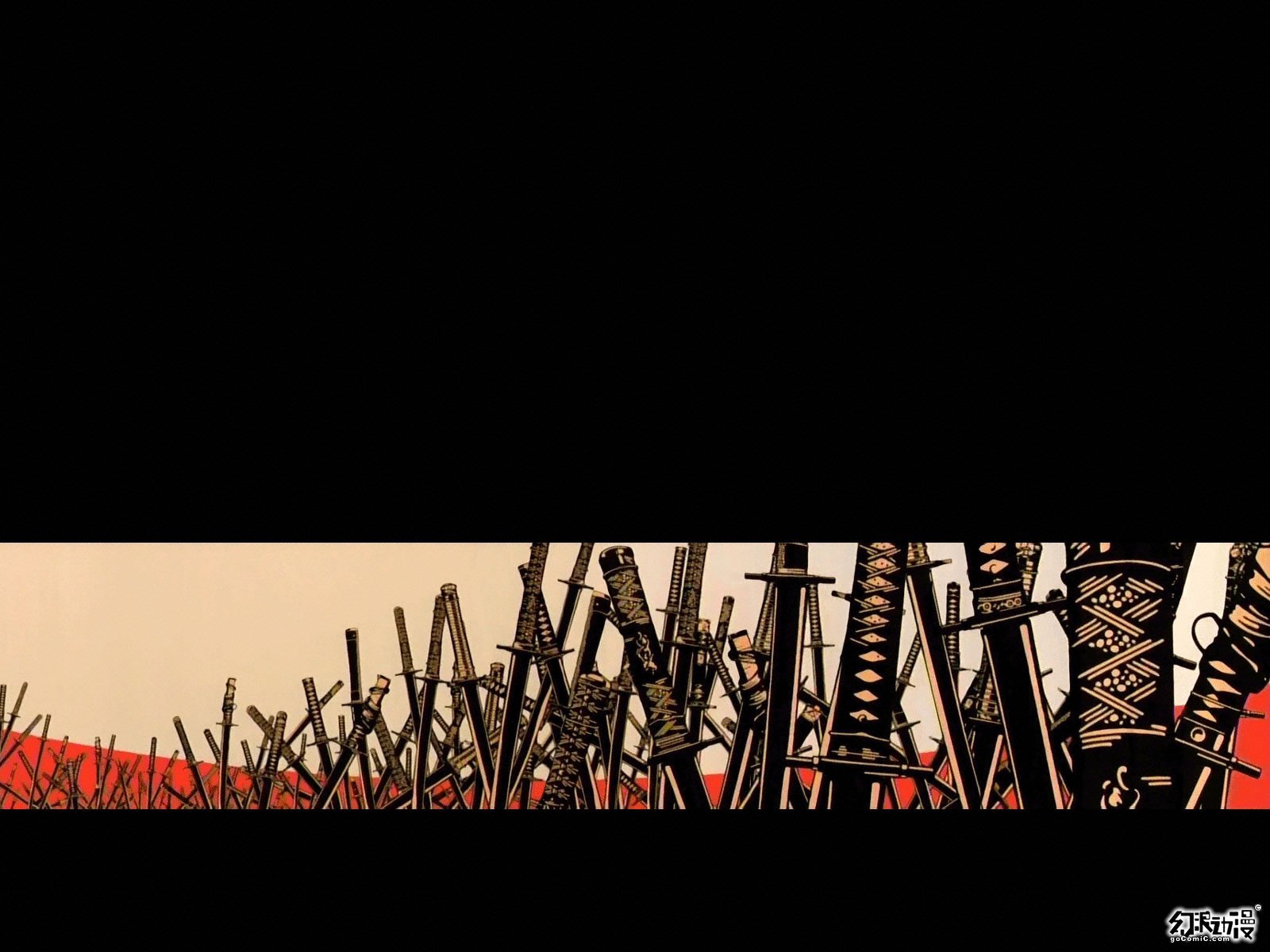 HD anime desktop wallpaper featuring a dense cluster of samurai swords from Samurai Champloo against a warm, muted background.