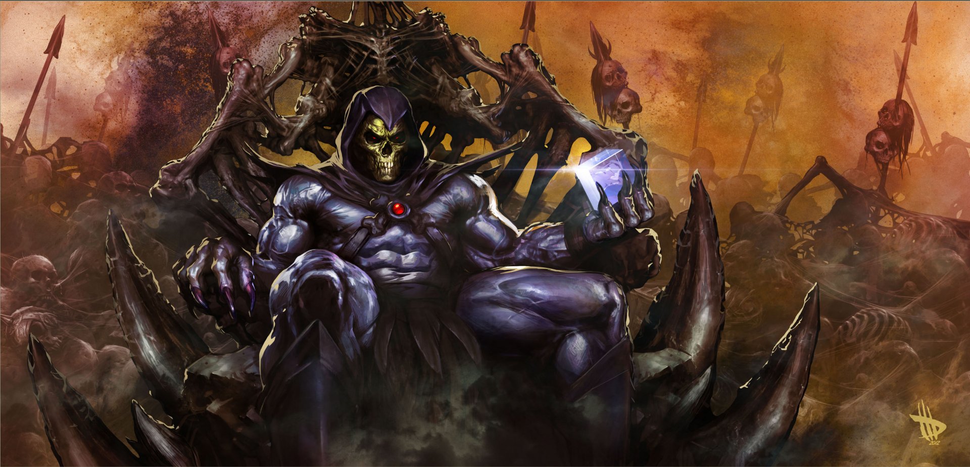 HD PC desktop wallpaper featuring Skeletor from the TV show He-Man and the Masters of the Universe, depicted in a dark, powerful stance amidst a fiery background.