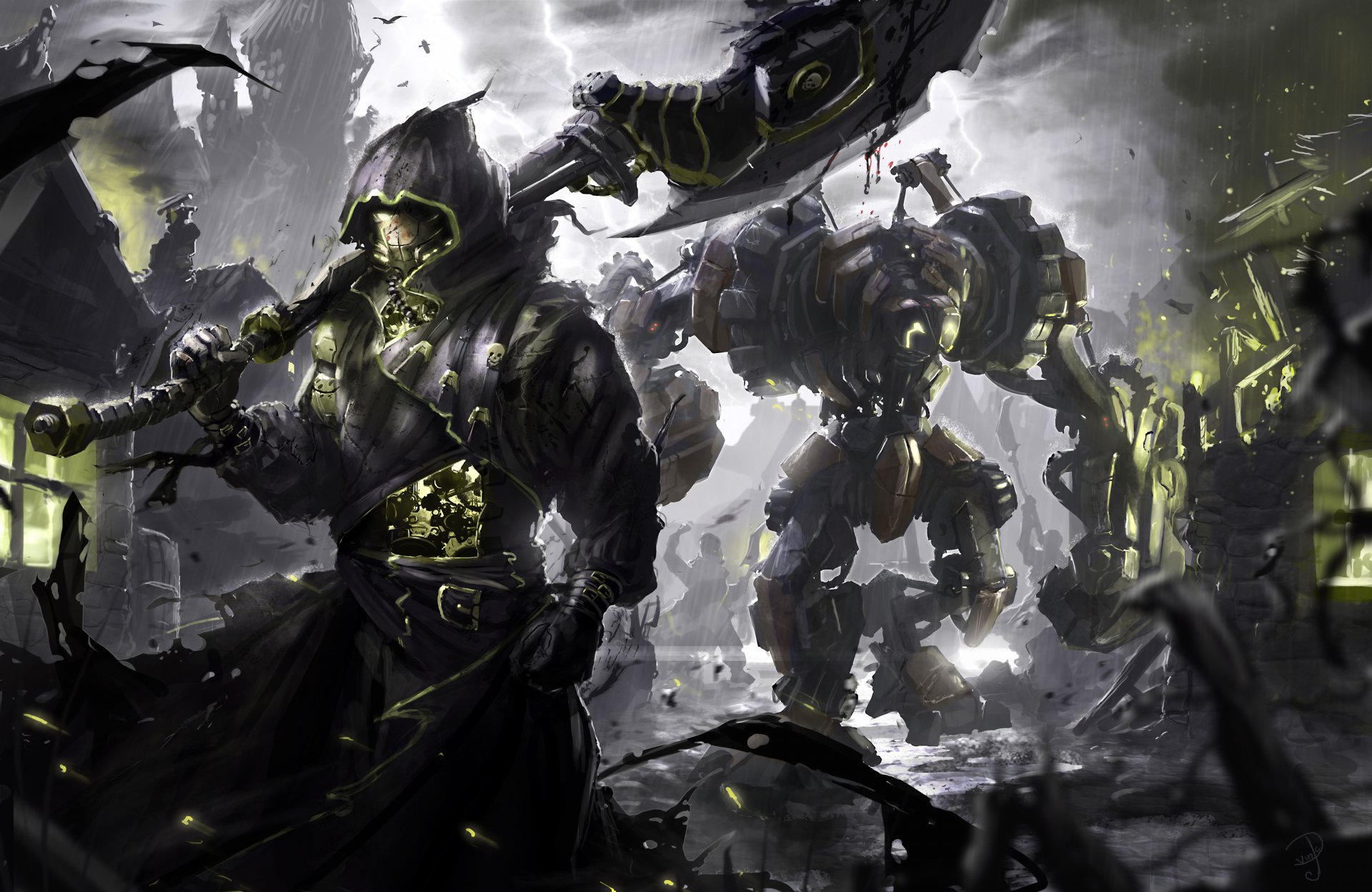 A dark warrior stands in a desolate landscape, wielding a massive weapon alongside a mechanical companion, depicted in this striking 4K Ultra HD wallpaper.