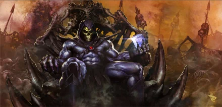 HD PC desktop wallpaper featuring Skeletor from the TV show He-Man and the Masters of the Universe, depicted in a dark, powerful stance amidst a fiery background.