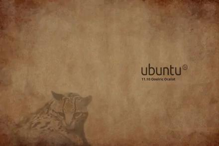 2K Quad HD PC desktop wallpaper: textured brown parchment background with Ubuntu logo, 11.10 Oneiric Ocelot text and a faded ocelot illustration, technology-themed.