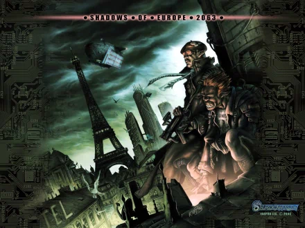 HD cyberpunk Shadowrun video game desktop wallpaper featuring futuristic characters against a dark, dystopian cityscape with the Eiffel Tower and digital elements.