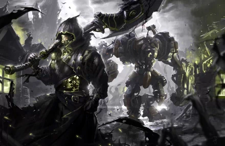 A dark warrior stands in a desolate landscape, wielding a massive weapon alongside a mechanical companion, depicted in this striking 4K Ultra HD wallpaper.