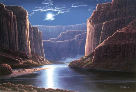 HD PC desktop wallpaper depicting a serene canyon landscape under a glowing moon with calm water reflecting the towering rocky cliffs.