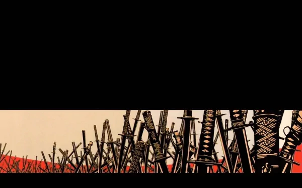 HD anime desktop wallpaper featuring a dense cluster of samurai swords from Samurai Champloo against a warm, muted background.
