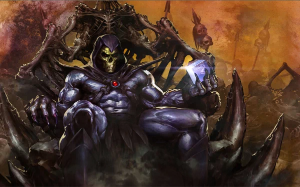 HD PC desktop wallpaper featuring Skeletor from the TV show He-Man and the Masters of the Universe, depicted in a dark, powerful stance amidst a fiery background.