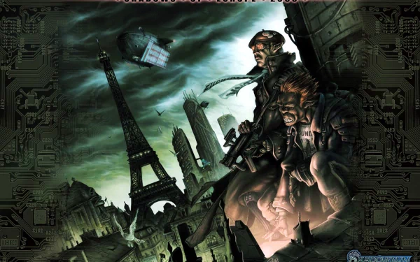 HD cyberpunk Shadowrun video game desktop wallpaper featuring futuristic characters against a dark, dystopian cityscape with the Eiffel Tower and digital elements.