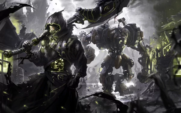 A dark warrior stands in a desolate landscape, wielding a massive weapon alongside a mechanical companion, depicted in this striking 4K Ultra HD wallpaper.