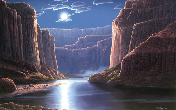 HD PC desktop wallpaper depicting a serene canyon landscape under a glowing moon with calm water reflecting the towering rocky cliffs.