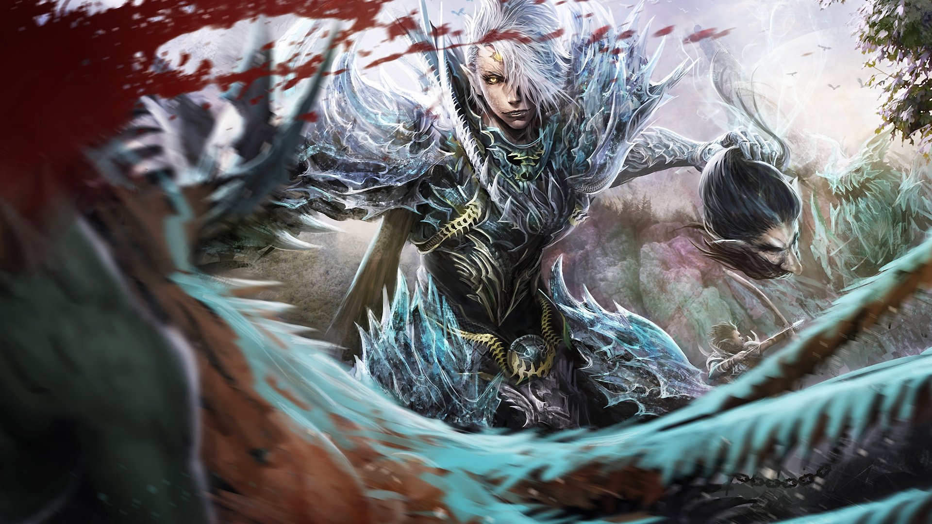 An imposing fantasy warrior clad in ornate armor, wielding a skull, stands amidst a dynamic battle scene, creating a striking HD desktop wallpaper that captivates the imagination.