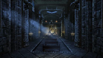 A visually striking HD wallpaper of the Talos shrine in a church setting from The Elder Scrolls V: Skyrim, featuring intricate stone architecture and dramatic lighting.