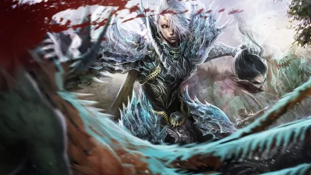 An imposing fantasy warrior clad in ornate armor, wielding a skull, stands amidst a dynamic battle scene, creating a striking HD desktop wallpaper that captivates the imagination.