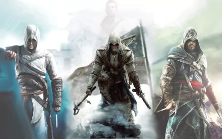 HD PC desktop wallpaper featuring iconic characters from the Assassin's Creed video game series in dynamic, action-ready poses with a misty, atmospheric background.