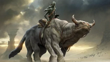 HD PC desktop wallpaper featuring a scene from the movie John Carter, showing a character riding a large, horned creature in a dramatic, cloudy landscape.