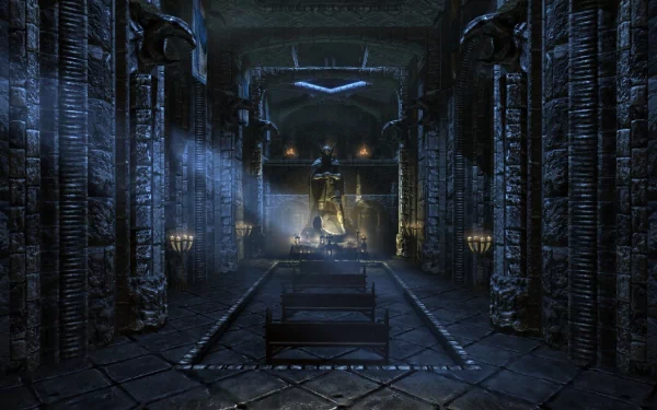 A visually striking HD wallpaper of the Talos shrine in a church setting from The Elder Scrolls V: Skyrim, featuring intricate stone architecture and dramatic lighting.