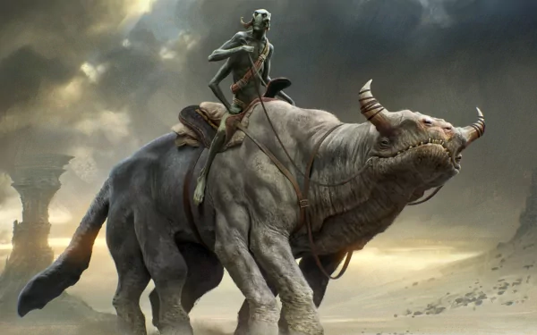 HD PC desktop wallpaper featuring a scene from the movie John Carter, showing a character riding a large, horned creature in a dramatic, cloudy landscape.