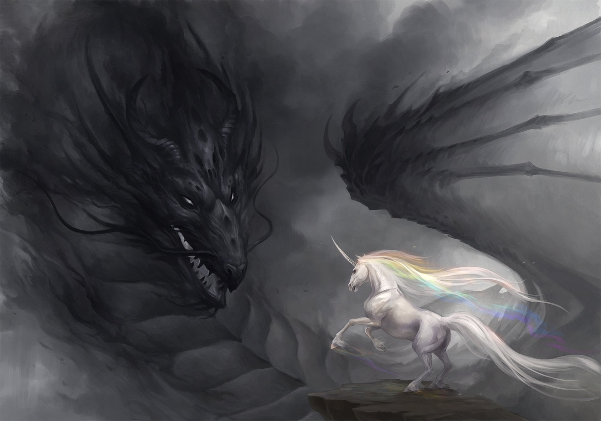 A dramatic fantasy scene featuring a majestic white unicorn facing a dark, ominous dragon amid swirling clouds. This artistic HD wallpaper creates a captivating backdrop for any desktop.