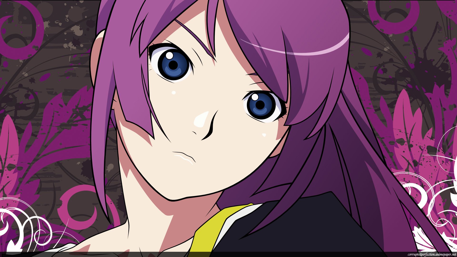 HD anime desktop wallpaper featuring Hitagi Senjōgahara from the Monogatari series with vibrant purple hair and intense blue eyes against a dark, artistic background.