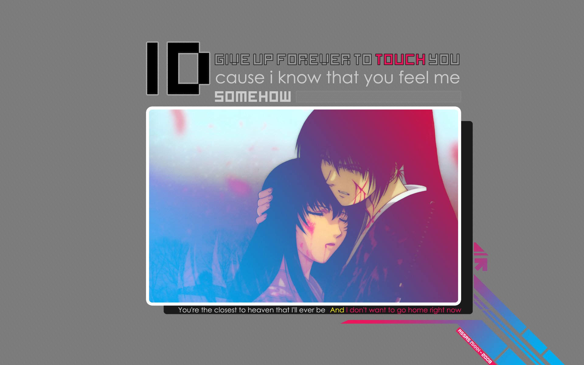 HD PC desktop wallpaper featuring Kenshin Himura from the anime Rurouni Kenshin, depicting an emotional close-up scene with vibrant colors and text overlay.