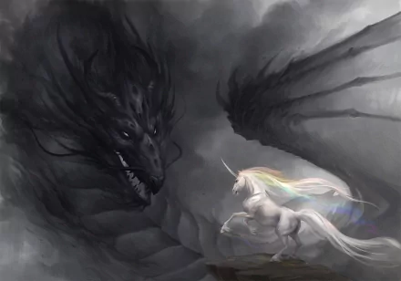 A dramatic fantasy scene featuring a majestic white unicorn facing a dark, ominous dragon amid swirling clouds. This artistic HD wallpaper creates a captivating backdrop for any desktop.