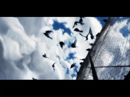 HD Anime desktop wallpaper from The Animatrix featuring birds flying over a chain-link fence under a dramatic cloudy sky.