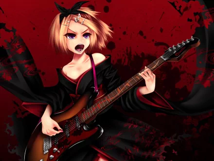 Anime-style HD desktop wallpaper featuring Rin Kagamine from Vocaloid playing an electric guitar with intense expression, inspired by the song Tengaku.
