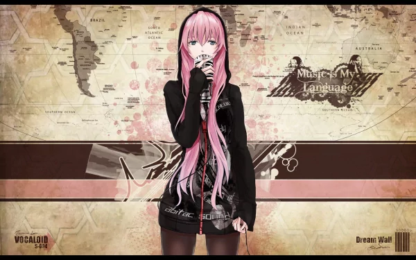 HD desktop wallpaper featuring Luka Megurine, an Anime Vocaloid character, set against a background with a vintage, map-like design and a Music is My Language inscription.