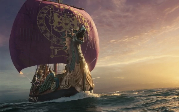 HD desktop wallpaper featuring the ship Dawn Treader sailing at sunset from The Chronicles of Narnia: The Voyage of the Dawn Treader movie.