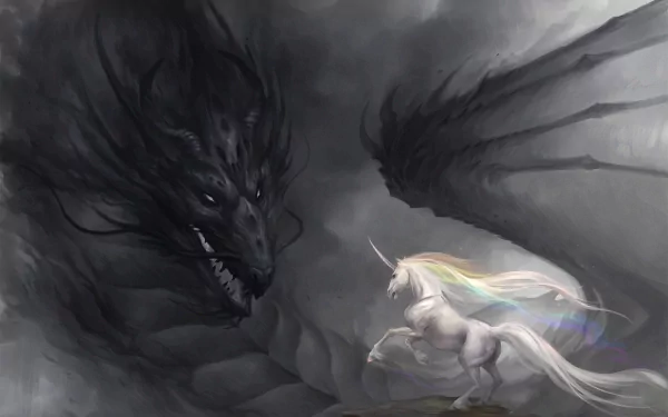 A dramatic fantasy scene featuring a majestic white unicorn facing a dark, ominous dragon amid swirling clouds. This artistic HD wallpaper creates a captivating backdrop for any desktop.