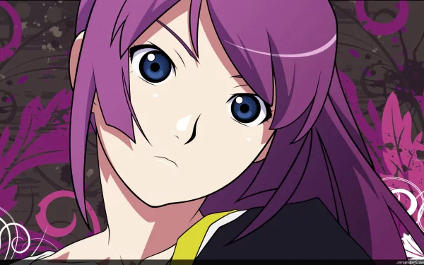 HD anime desktop wallpaper featuring Hitagi Senjōgahara from the Monogatari series with vibrant purple hair and intense blue eyes against a dark, artistic background.