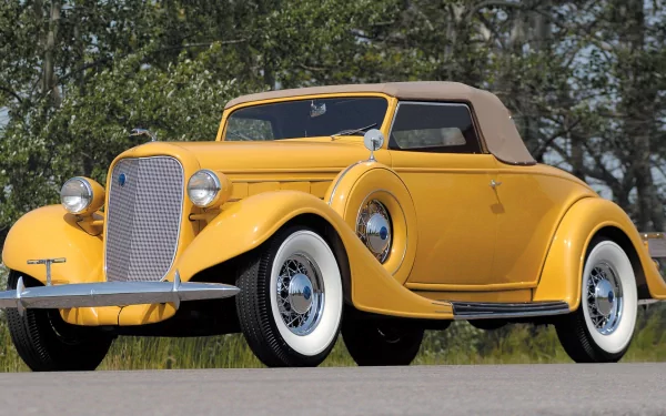 HD desktop wallpaper of a vintage yellow Lincoln convertible, showcasing an old classic car with whitewall tires against a natural outdoor backdrop.