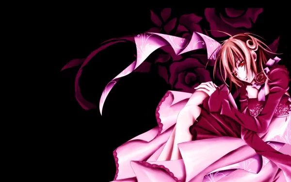 HD PC desktop wallpaper of Yuki Kuran from Vampire Knight: anime girl in a flowing rose-colored dress amid dark roses.