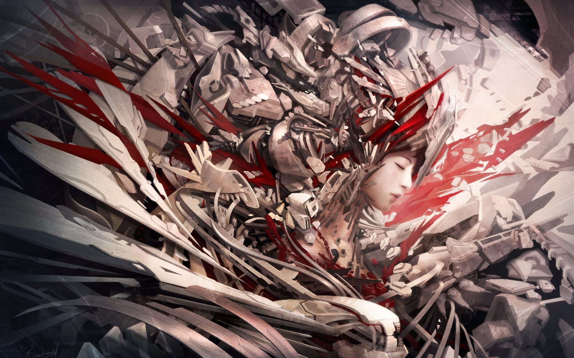 A fantasy-themed HD desktop wallpaper featuring an artistic portrayal of a woman surrounded by intricate metallic designs and vivid red accents, creating a striking visual impact.