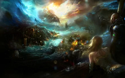 HD PC desktop wallpaper depicting a dramatic video game disaster scene with fiery explosions, dark skies, and two characters observing the chaos.