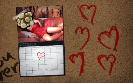 A creative desktop wallpaper featuring a Companion Cube from Portal, overlaying a calendar page for October and heart graffiti, blending gaming with a playful aesthetic.